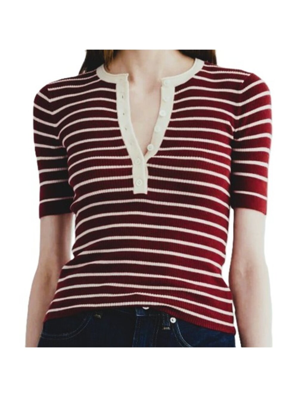 Everlane The Short Sleeve Henley Ultrasoft Merino Wool Merlot Striped Shirt XS